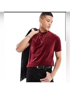 ASOS DESIGN men’s t-shirt in burgundy velour size Large